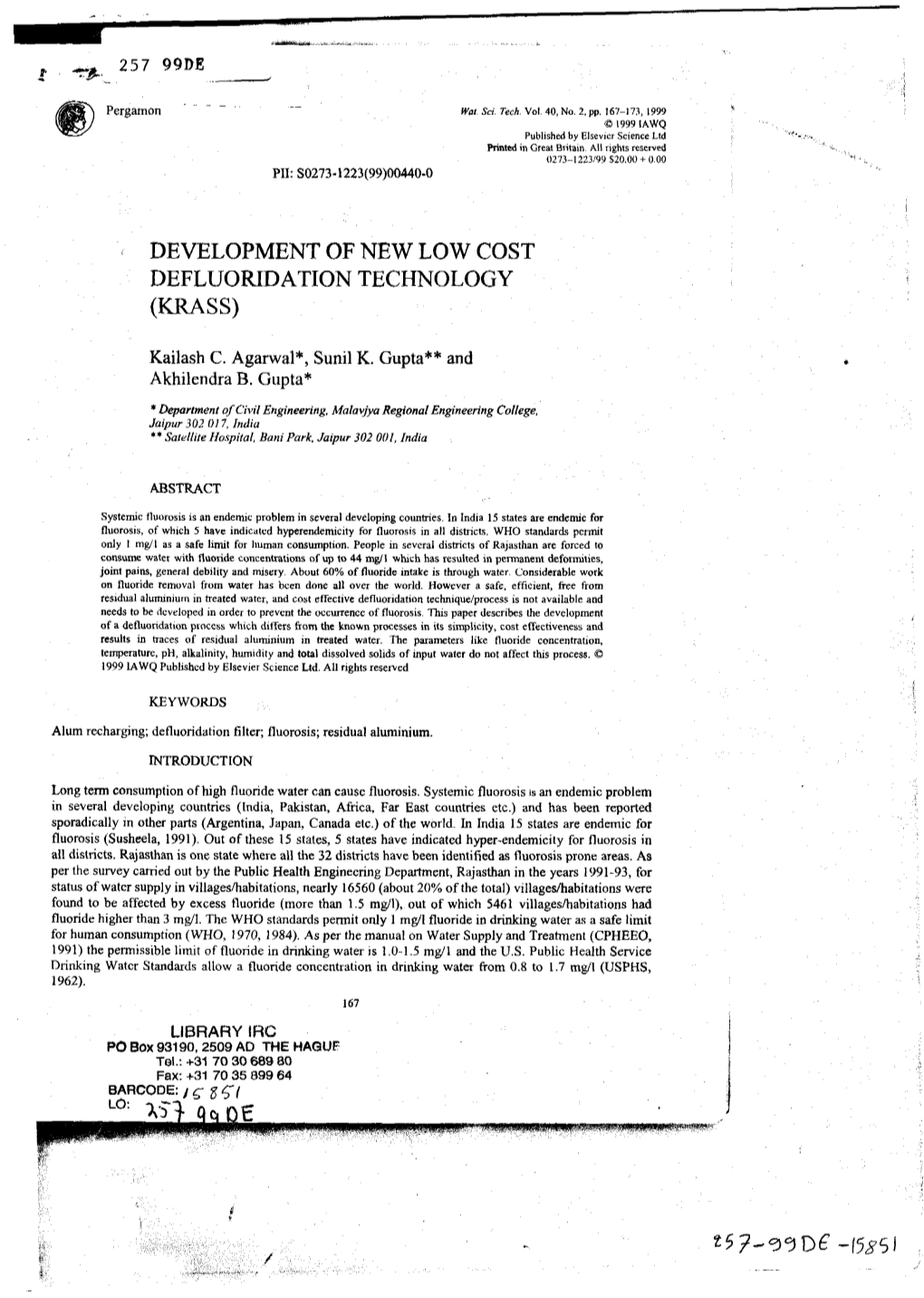 Development of New Low Cost Defluoridation Technology (Krass)