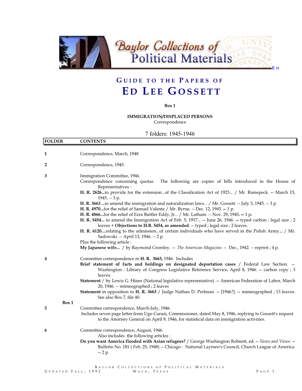 Ed Lee Gossett Papers