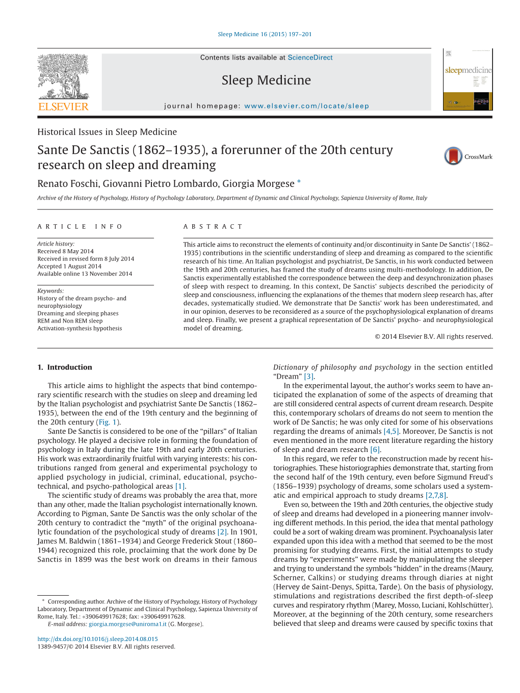 Sante De Sanctis (1862–1935), a Forerunner of the 20Th Century Research on Sleep and Dreaming Renato Foschi, Giovanni Pietro Lombardo, Giorgia Morgese *