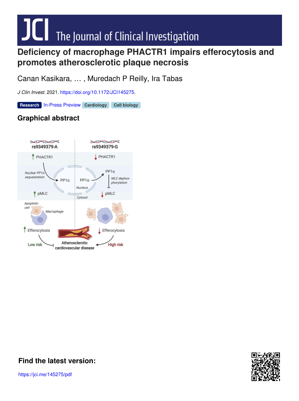 Deficiency of Macrophage PHACTR1 Impairs Efferocytosis and Promotes Atherosclerotic Plaque Necrosis