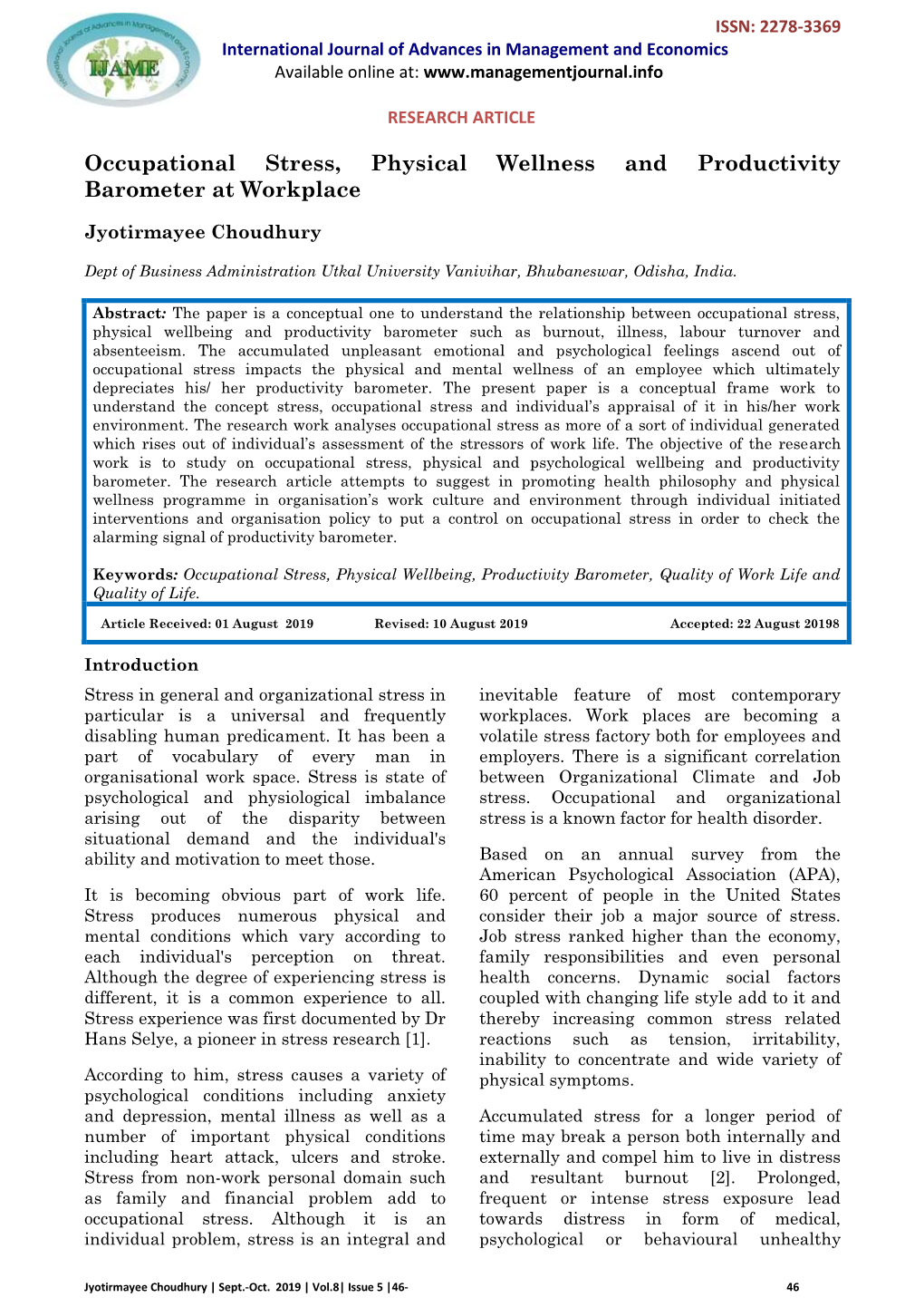 Occupational Stress, Physical Wellness and Productivity Barometer at Workplace