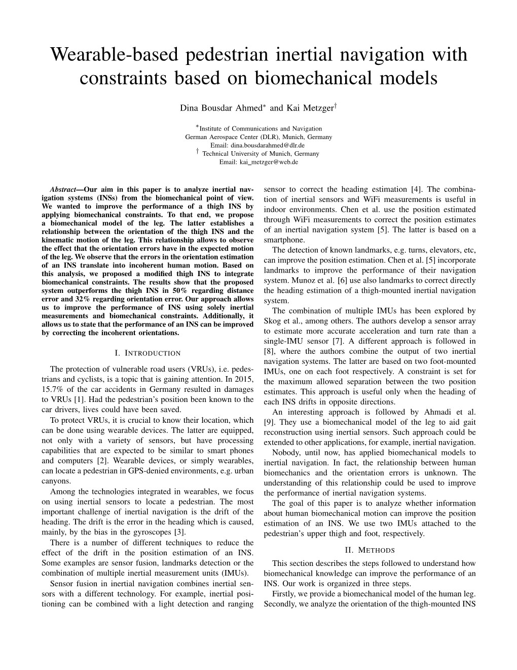 Wearable-Based Pedestrian Inertial Navigation with Constraints Based on Biomechanical Models