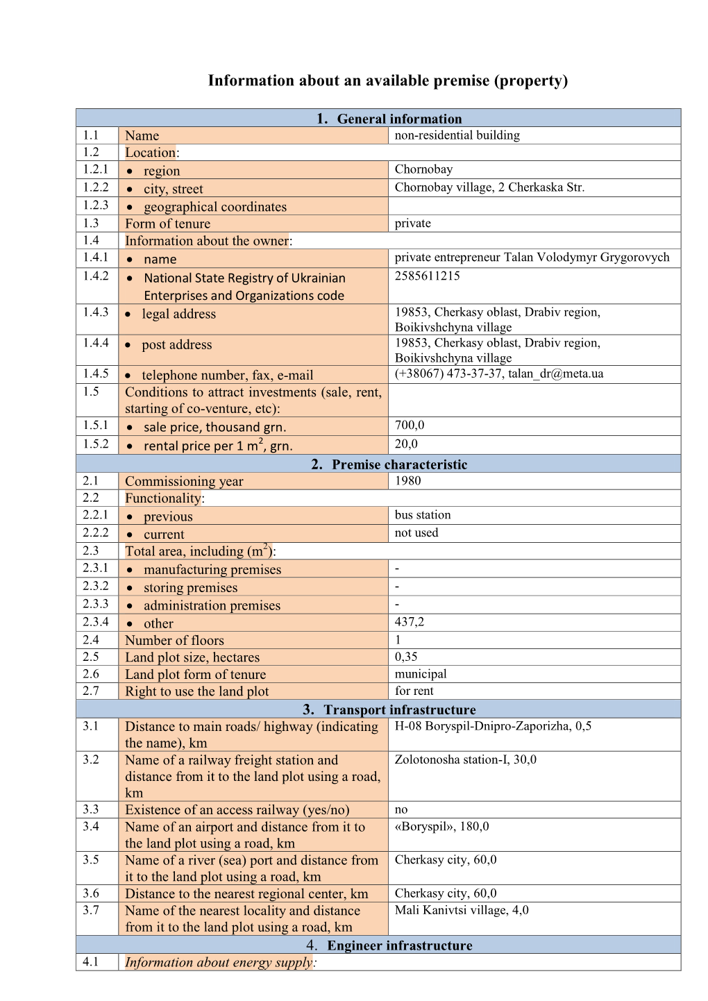 Information About an Available Premise (Property)