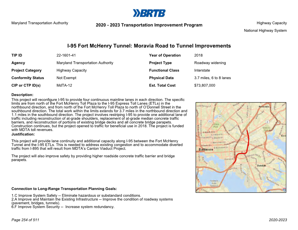 I-95 Fort Mchenry Tunnel: Moravia Road to Tunnel Improvements