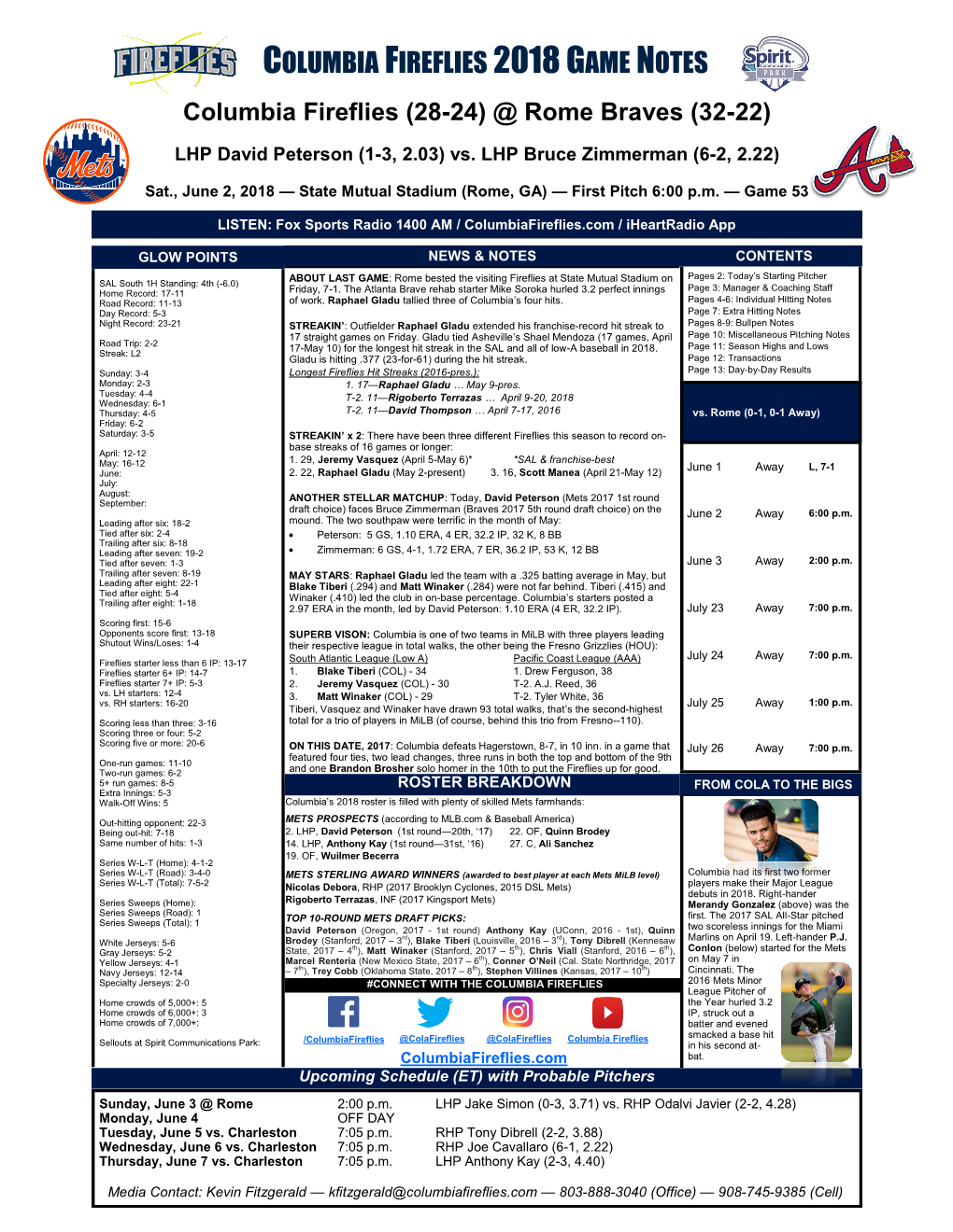 COLUMBIA FIREFLIES 2018 GAME NOTES Columbia Fireflies (28-24) @ Rome Braves (32-22)