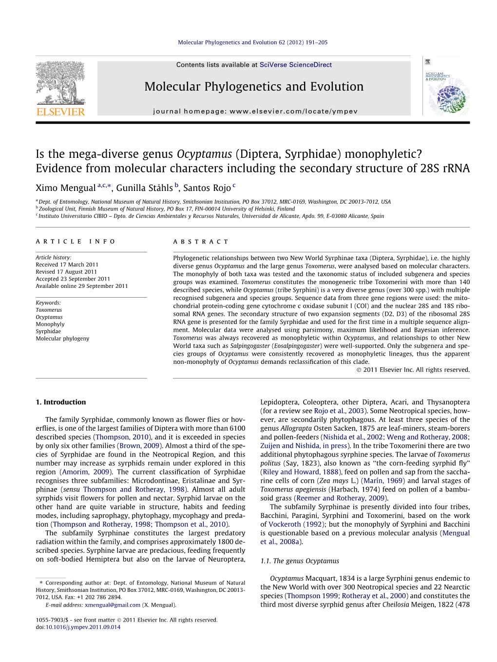 Is the Mega-Diverse Genus Ocyptamus (Diptera, Syrphidae) Monophyletic