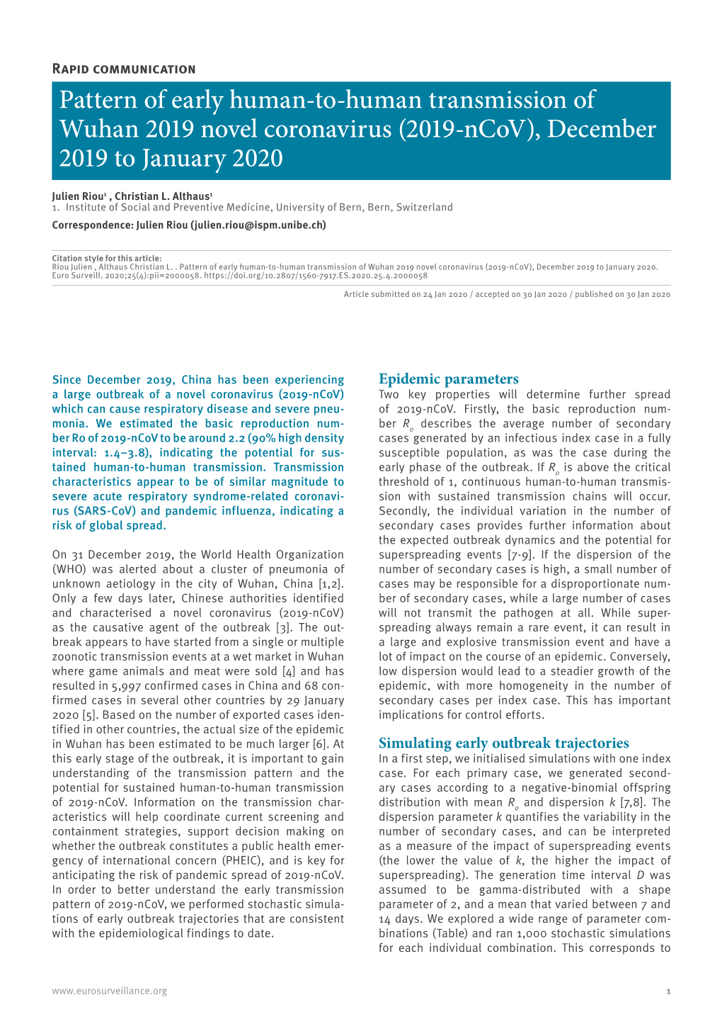 Pattern of Early Human-To-Human Transmission of Wuhan 2019 Novel Coronavirus (2019-Ncov), December 2019 to January 2020