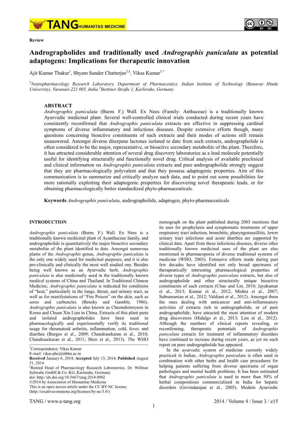 Andrographolides and Traditionally Used Andrographis Paniculata As Potential Adaptogens: Implications for Therapeutic Innovation