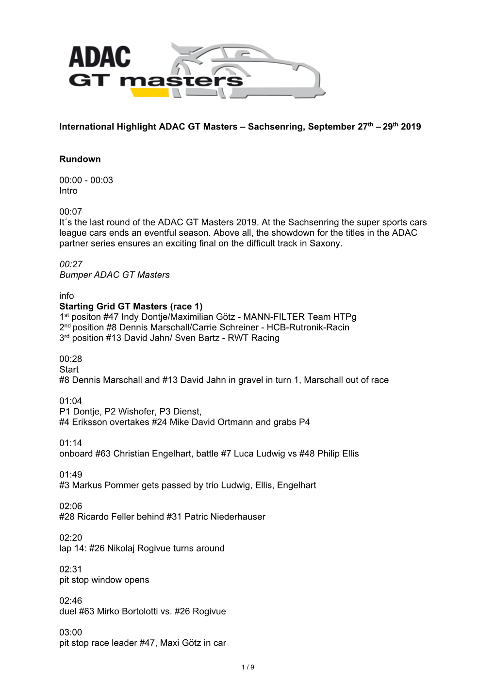 International Highlight ADAC GT Masters – Sachsenring, September 27Th – 29Th 2019