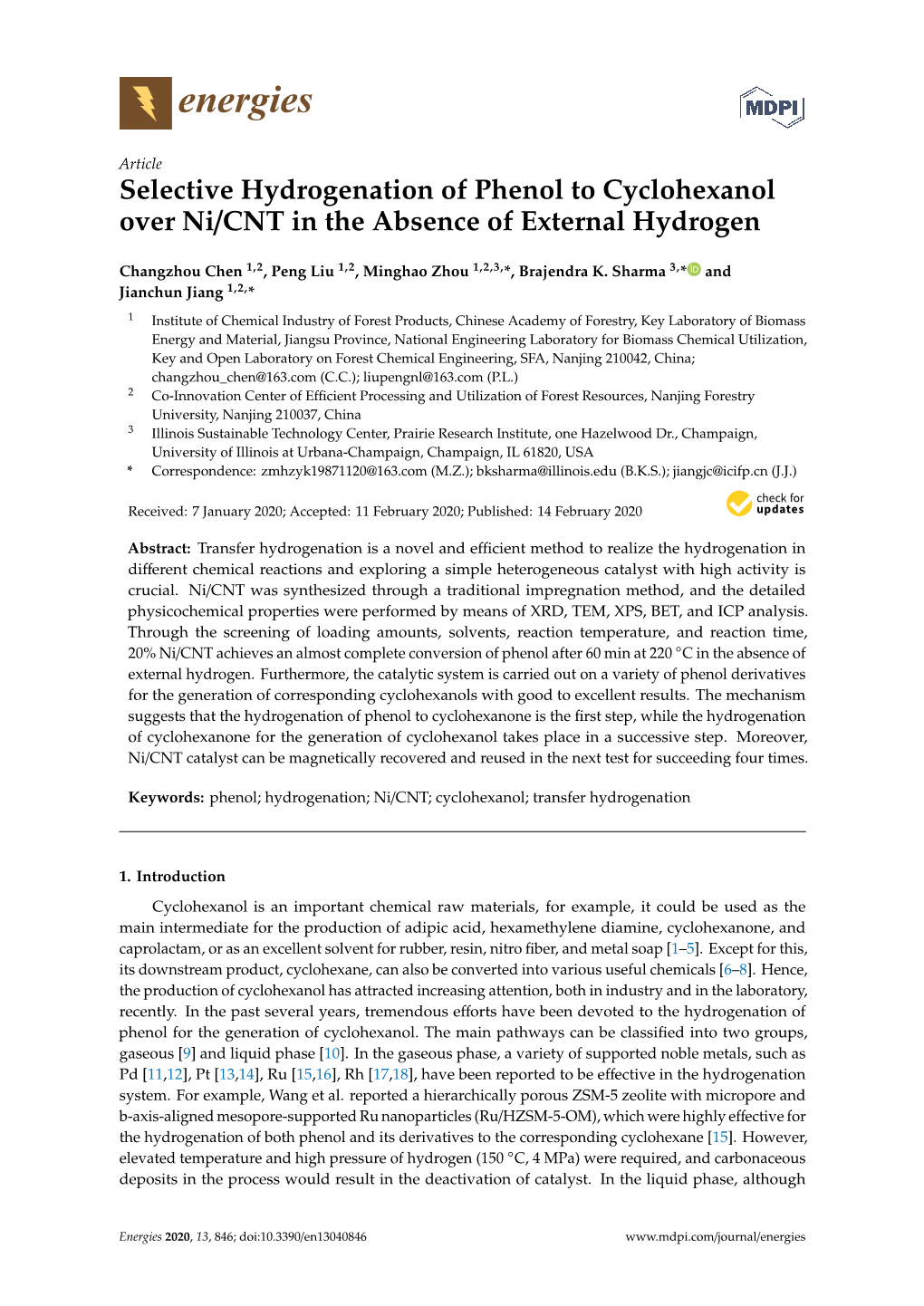 Selective Hydrogenation of Phenol to Cyclohexanol Over Ni/CNT in the Absence of External Hydrogen