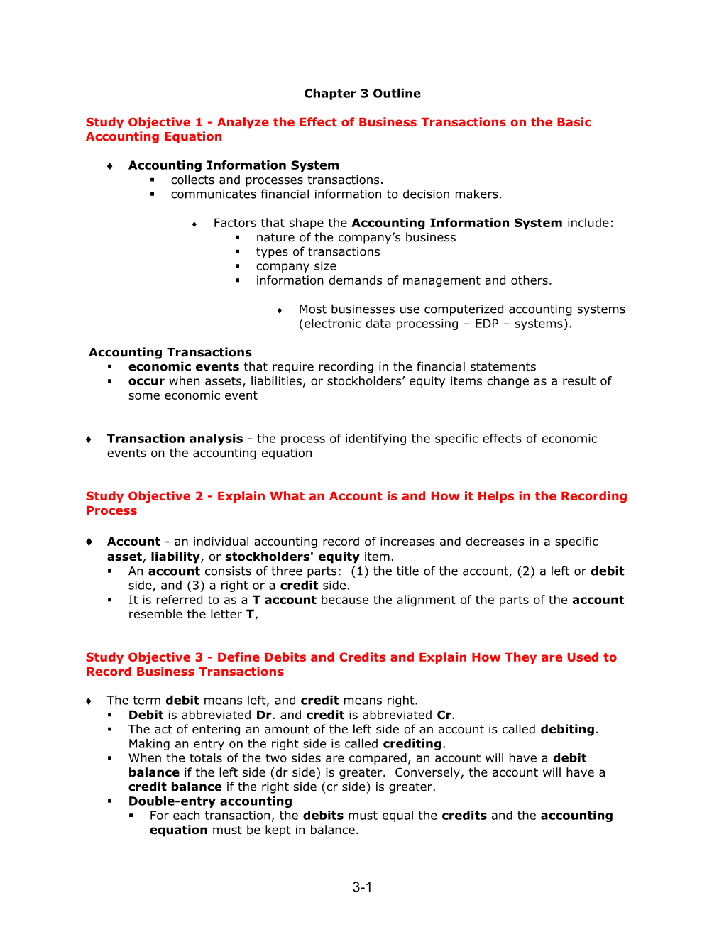 Study Objective 1 - Analyze the Effect of Business Transactions on the Basic Accounting