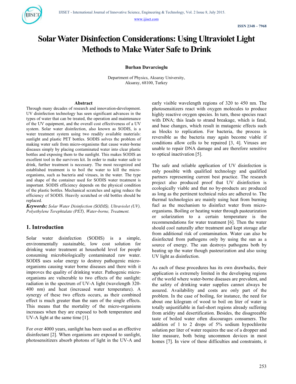 Solar Water Disinfection Considerations: Using Ultraviolet Light Methods to Make Water Safe to Drink