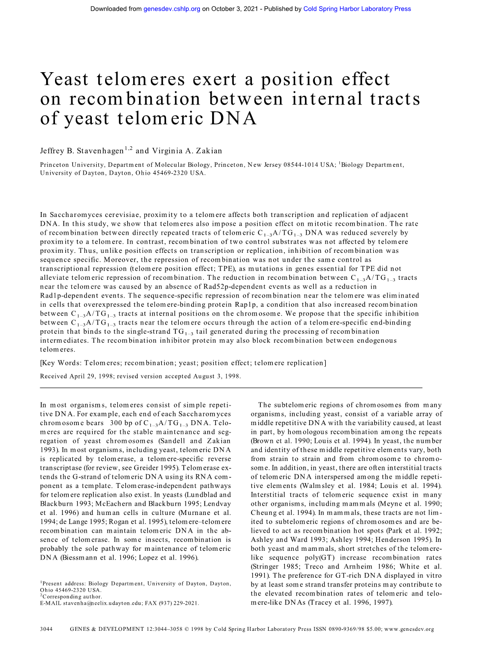 Yeast Telomeres Exert a Position Effect on Recombination Between Internal Tracts of Yeast Telomeric DNA