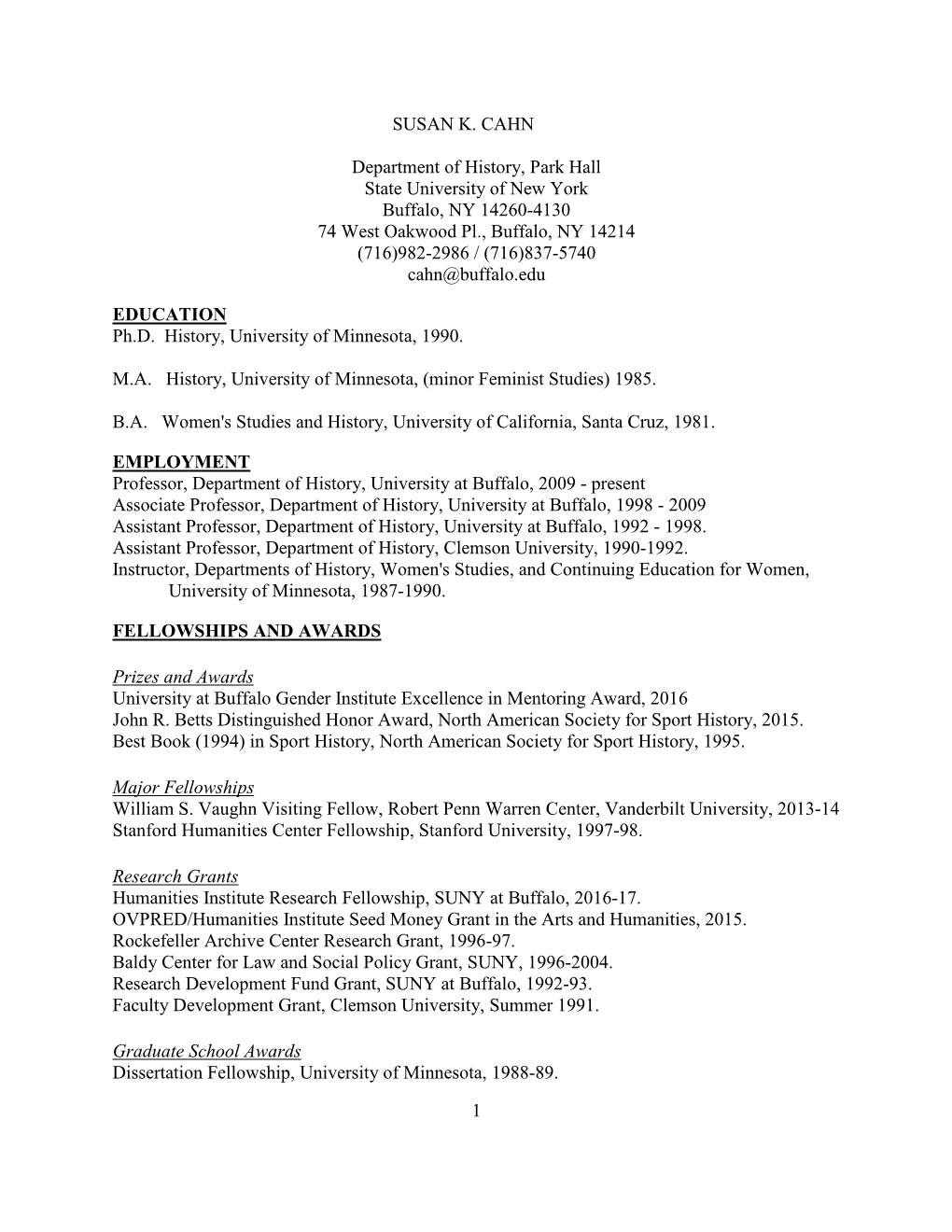 Susan Cahn CV