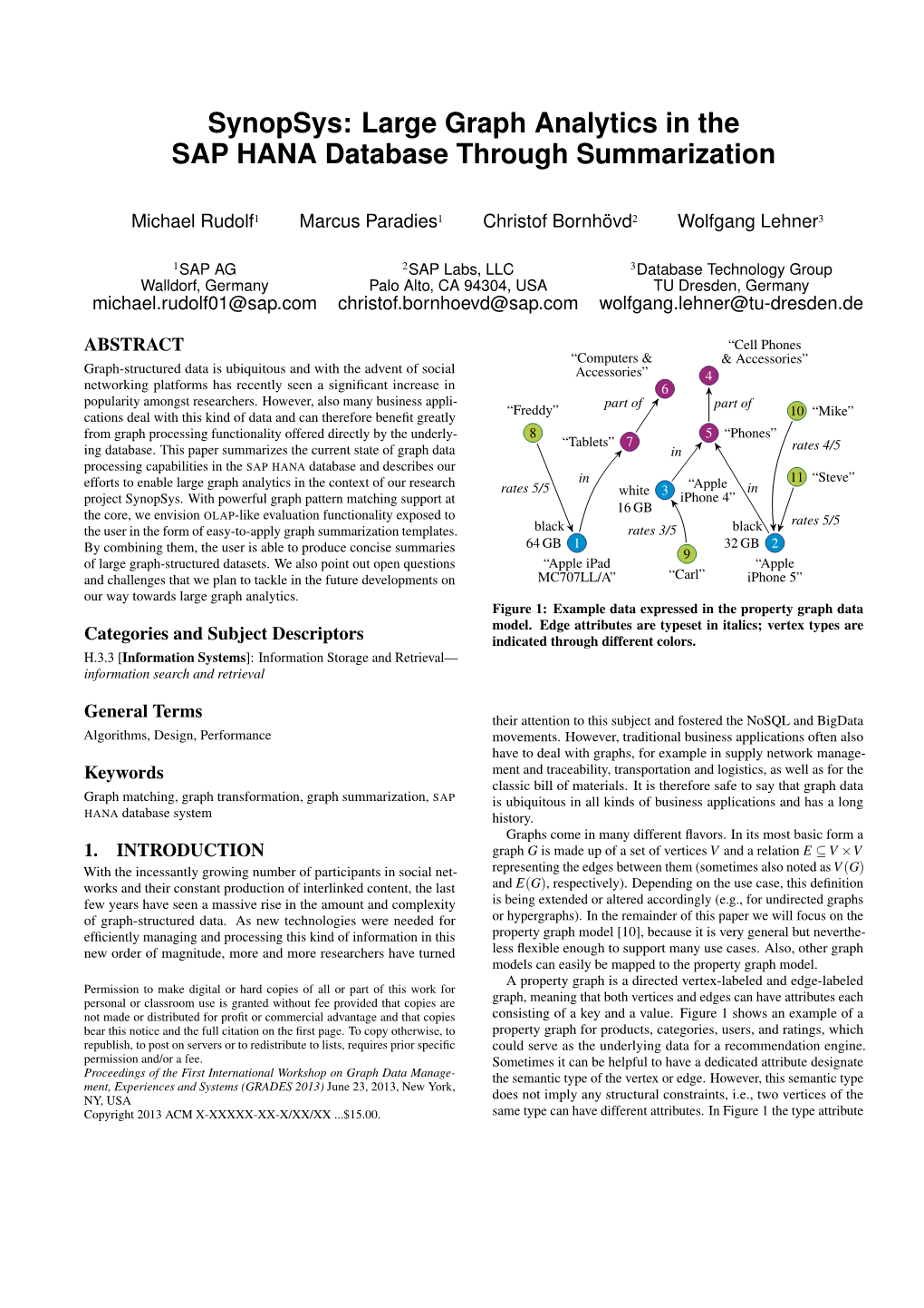 Synopsys: Large Graph Analytics in the SAP HANA Database Through Summarization