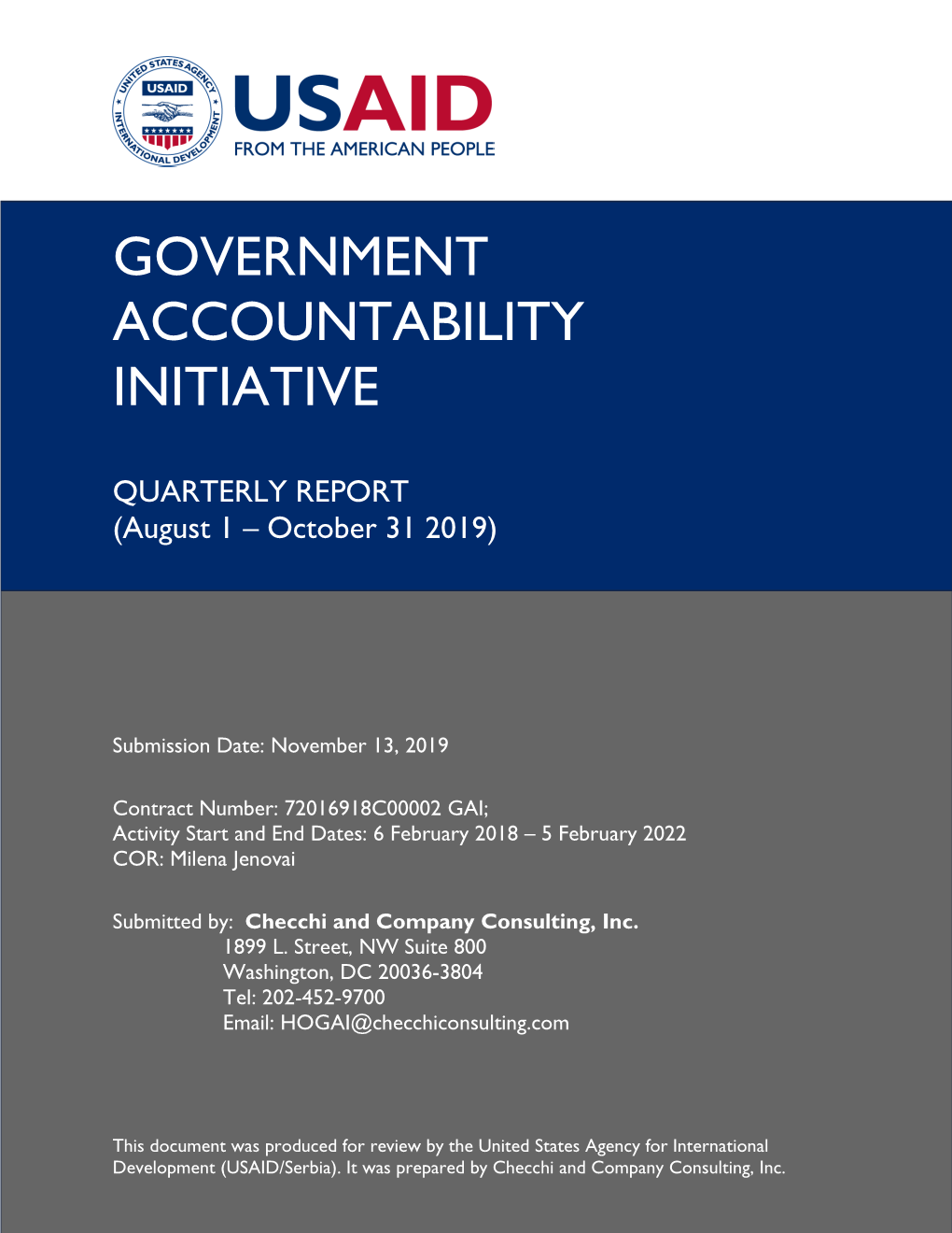 GOVERNMENT ACCOUNTABILITY INITIATIVE Contract Number 72016918C00002