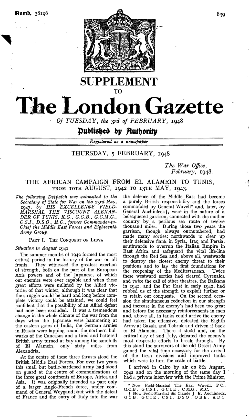 London Gazette of TUESDAY, the ^Rd of FEBRUARY, 1948 by Registered As a Newspaper THURSDAY, 5 FEBRUARY, 1948 the War Office, February, 1948