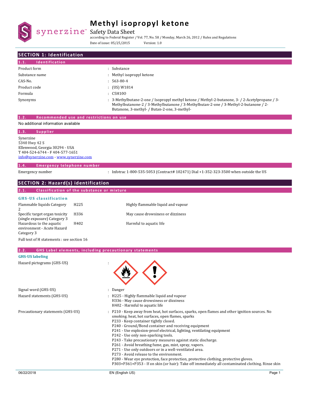 Methyl Isopropyl Ketone Safety Data Sheet According to Federal Register / Vol