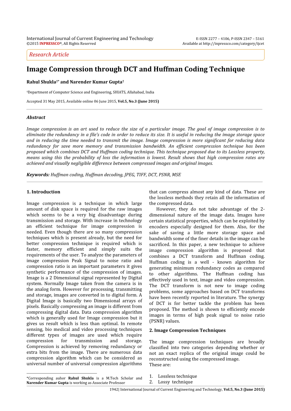 Image Compression Through DCT and Huffman Coding Technique