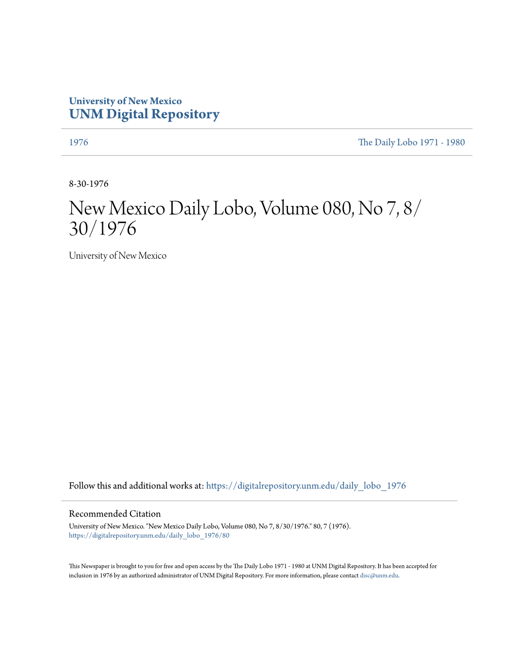 New Mexico Daily Lobo, Volume 080, No 7, 8/30/1976." 80, 7 (1976)