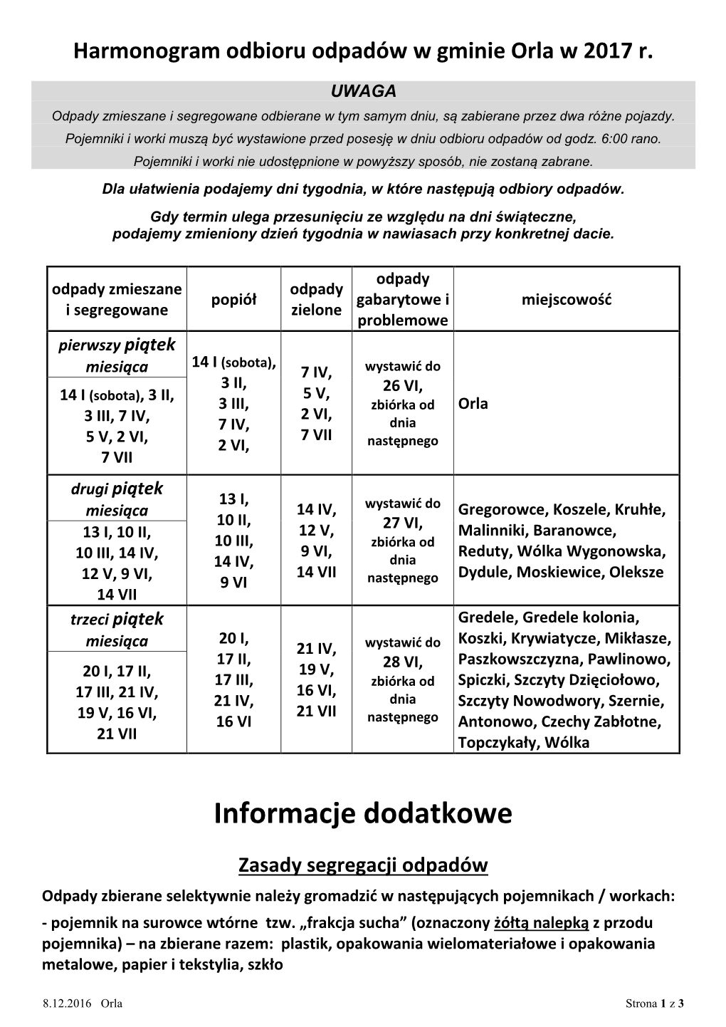 Informacje Dodatkowe Zasady Segregacji Odpadów