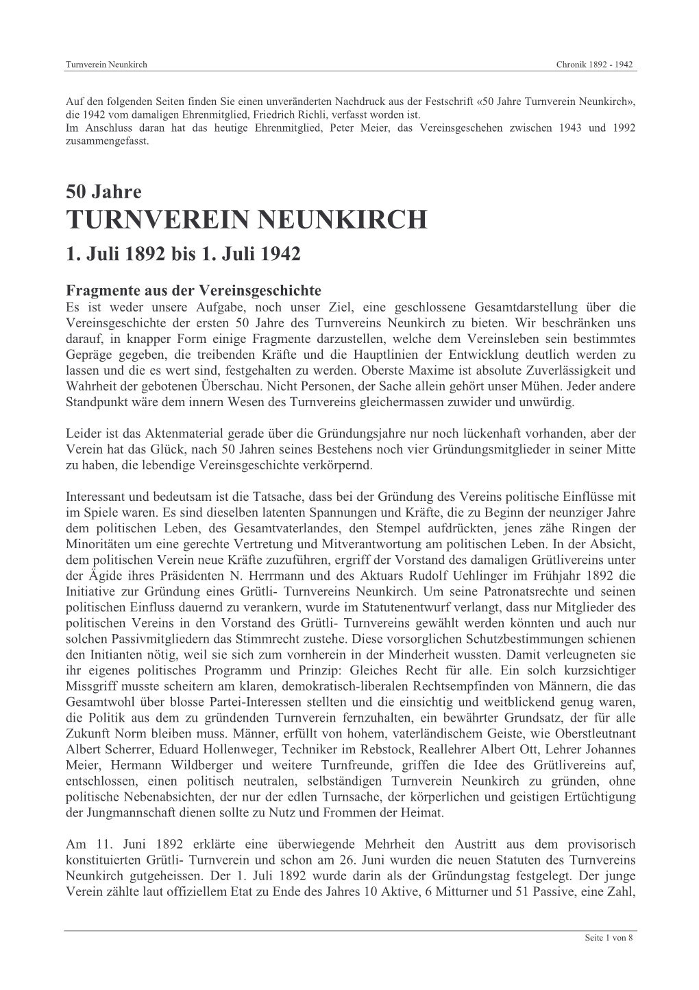 Turnverein Neunkirch Chronik 1892 - 1942