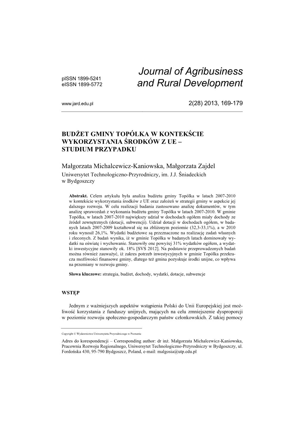 Journal of Agribusiness and Rural Development Budżet Gminy Topólka W Kontekście Wykorzystania Środków Z UE