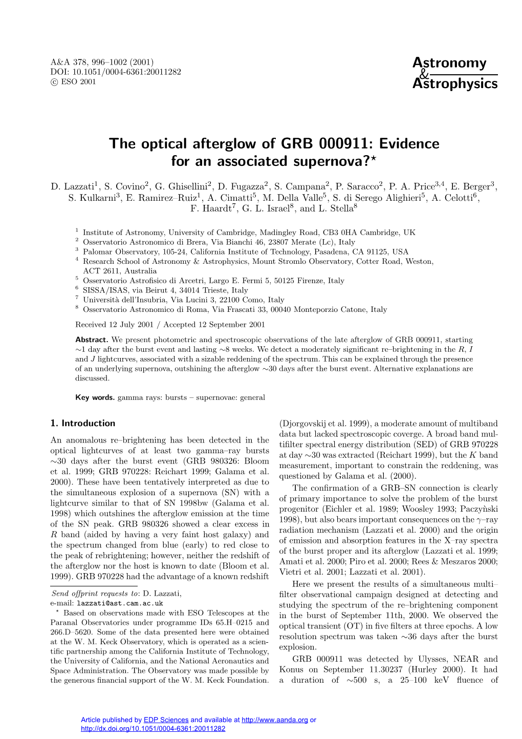 The Optical Afterglow of GRB 000911: Evidence for an Associated Supernova??