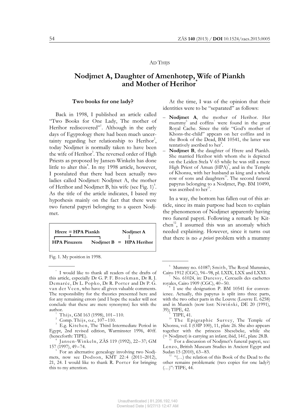 Nodjmet A, Daughter of Amenhotep, Wife of Piankh and Mother of Herihor*