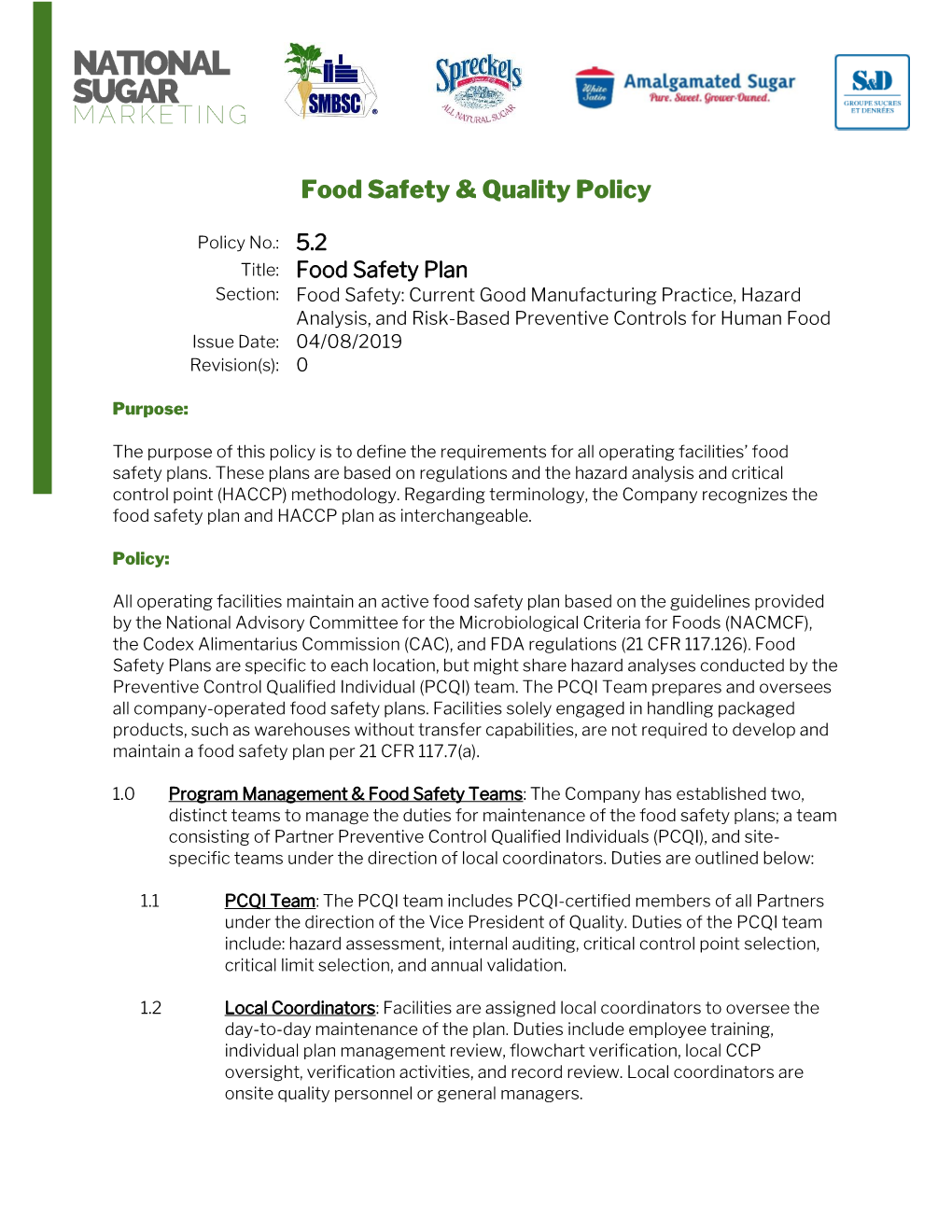 Food Safety & Quality Policy