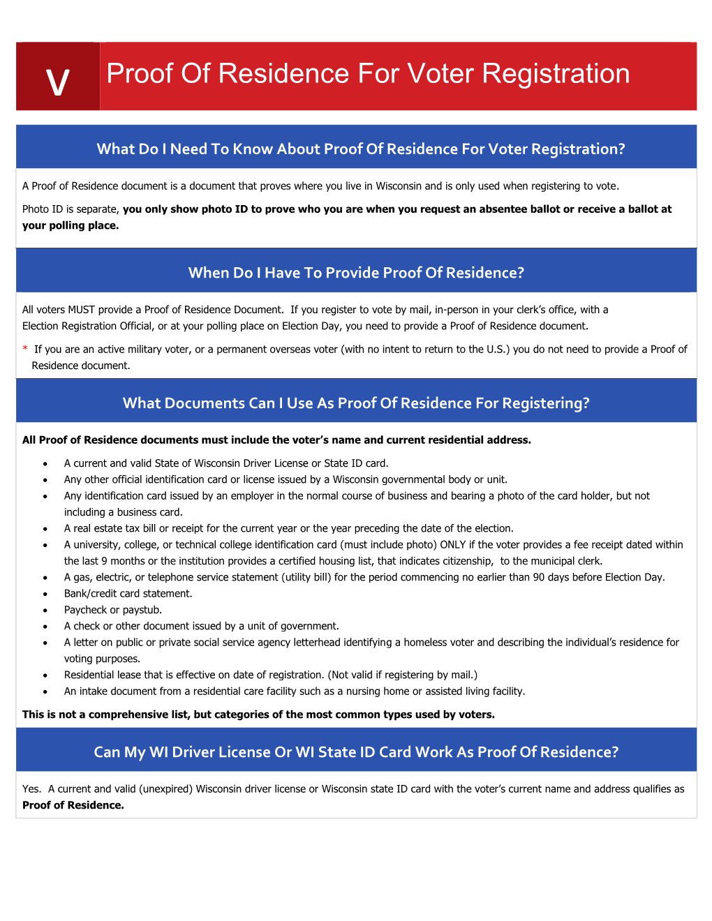 V Proof of Residence for Voter Registration