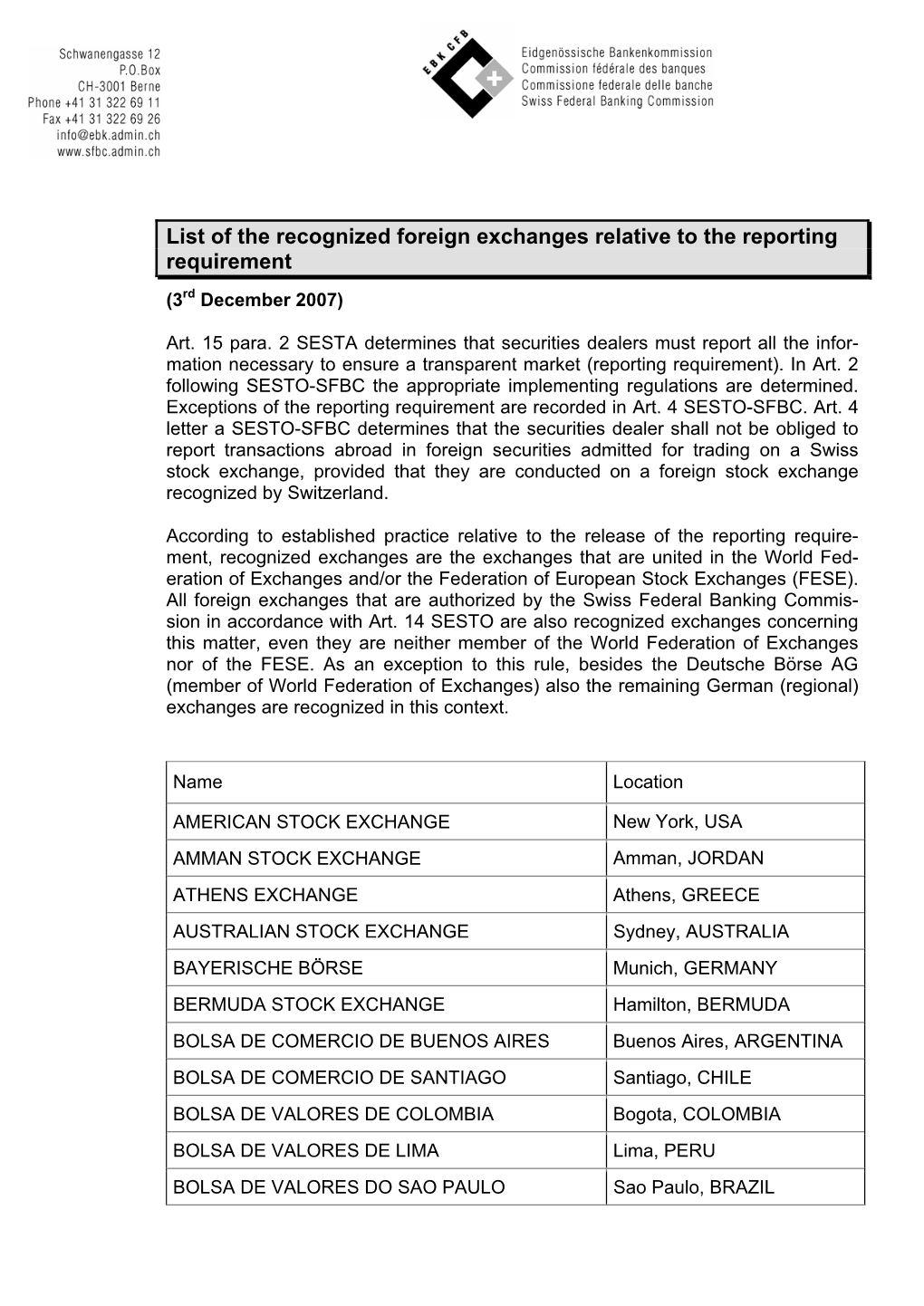 List of the Recognized Foreign Exchanges Relative to the Reporting Requirement (3Rd December 2007)