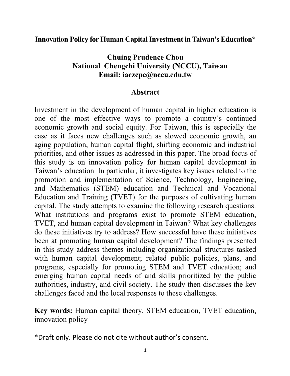 Innovation Policy for Human Capital Investment in Taiwan's Education