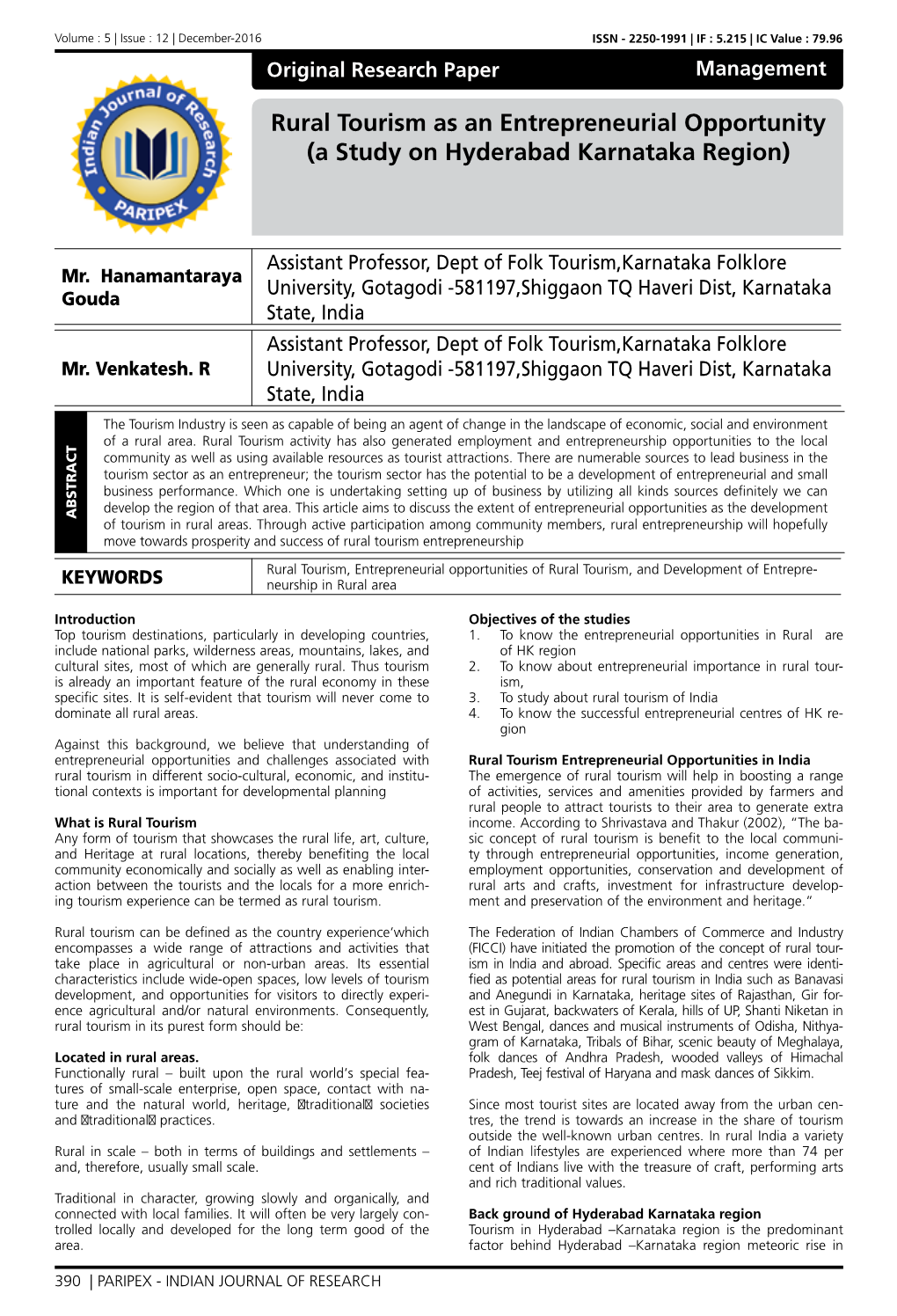 Rural Tourism As an Entrepreneurial Opportunity (A Study on Hyderabad Karnataka Region)