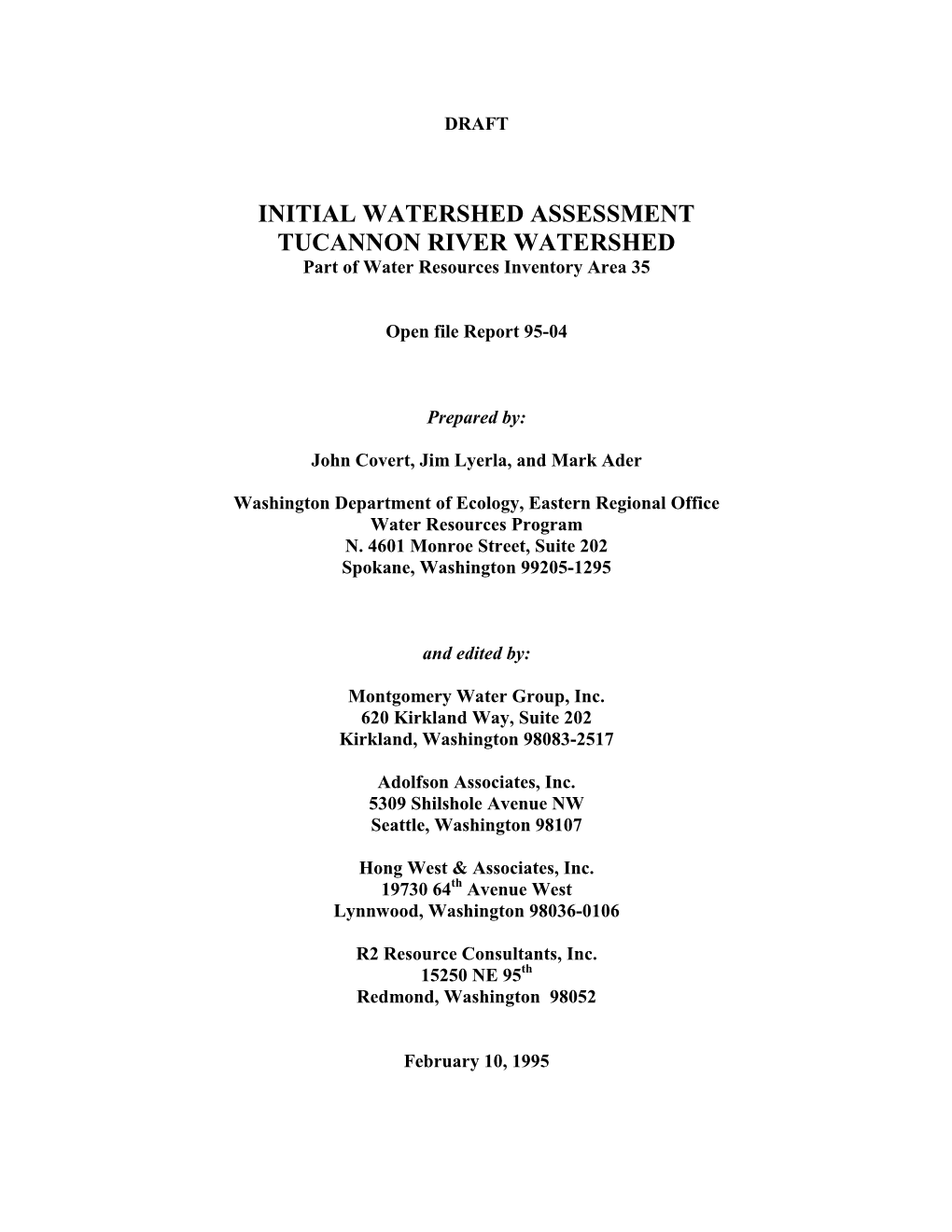 Tucannon River Watershed Initial Assessment