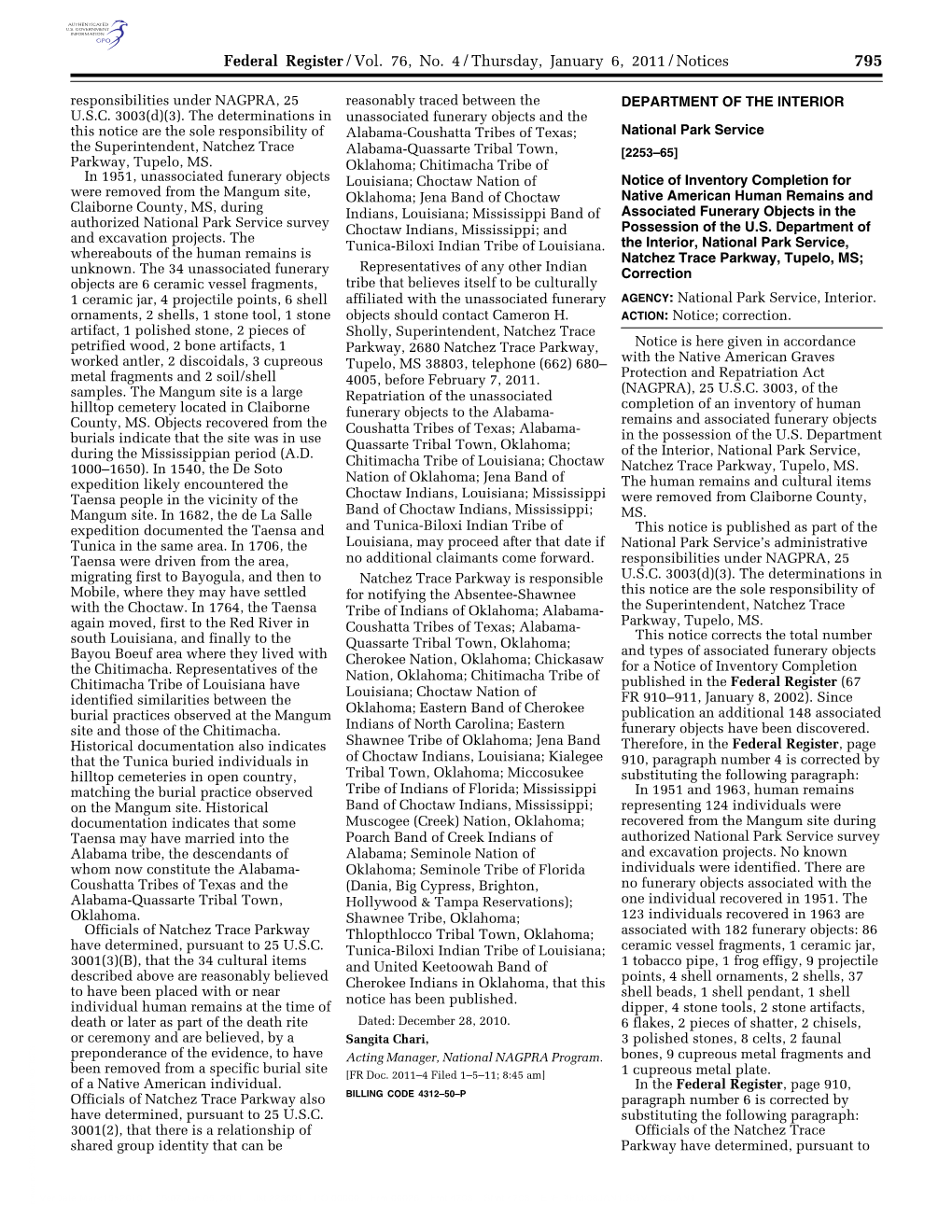 Federal Register/Vol. 76, No. 4/Thursday, January 6, 2011/Notices