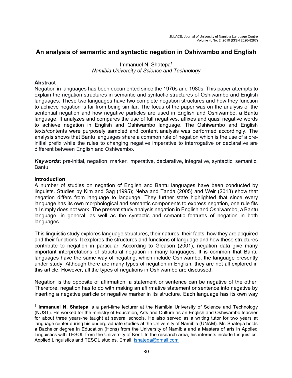 An Analysis of Semantic and Syntactic Negation in Oshiwambo and English