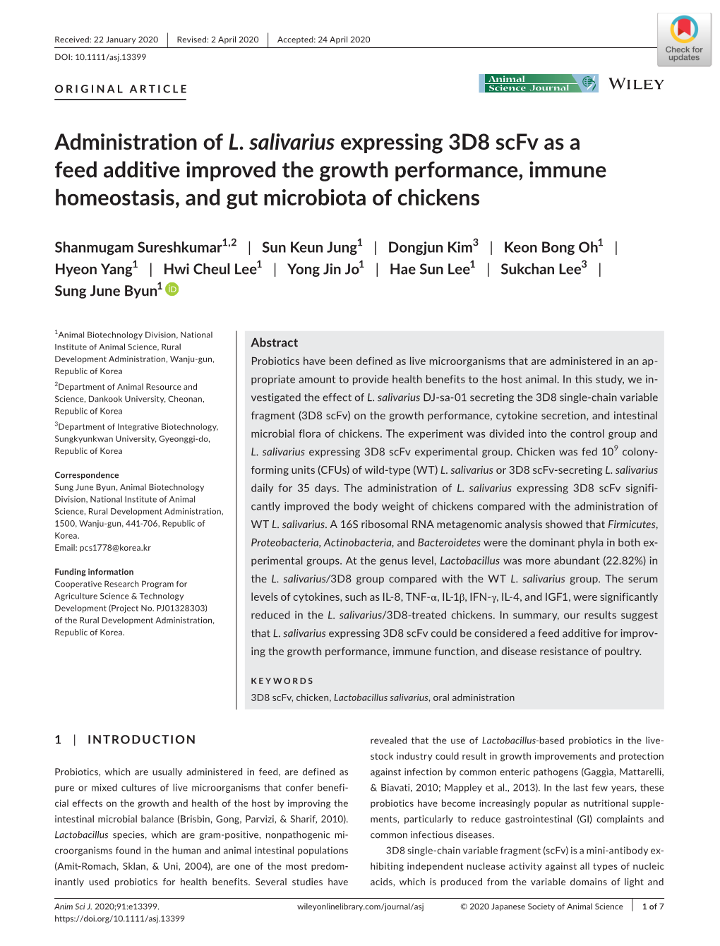 Administration of L. Salivarius Expressing 3D8 Scfv As a Feed Additive Improved the Growth Performance, Immune Homeostasis, and Gut Microbiota of Chickens