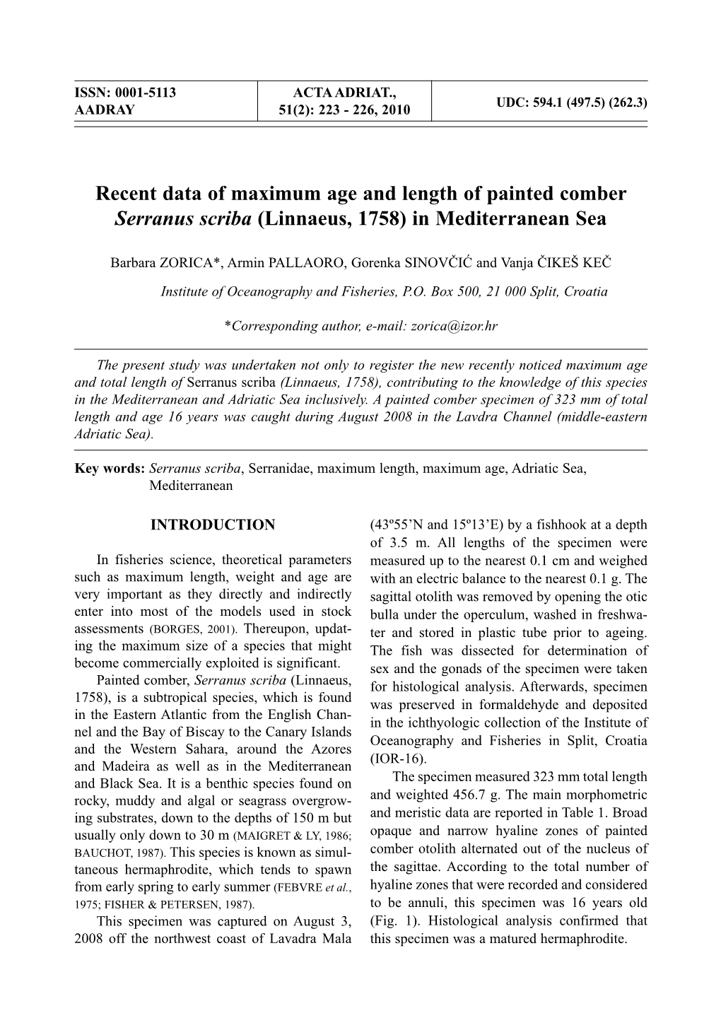 Recent Data of Maximum Age and Length of Painted Comber Serranus Scriba (Linnaeus, 1758) in Mediterranean Sea