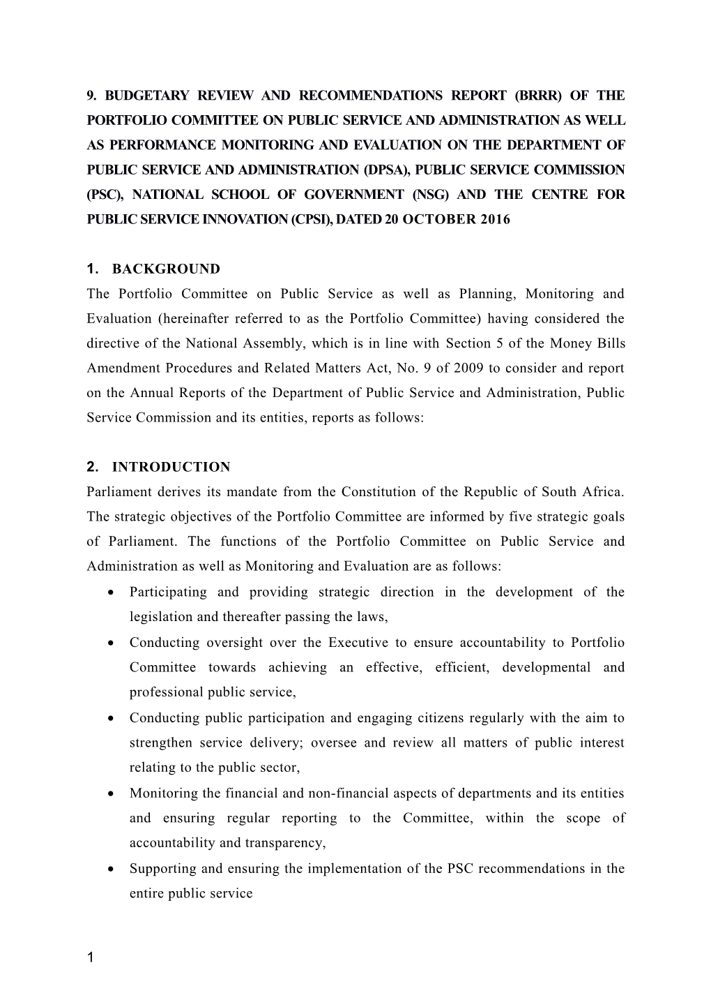 9. Budgetary Review and Recommendations Report (Brrr) of the Portfolio Committee on Public