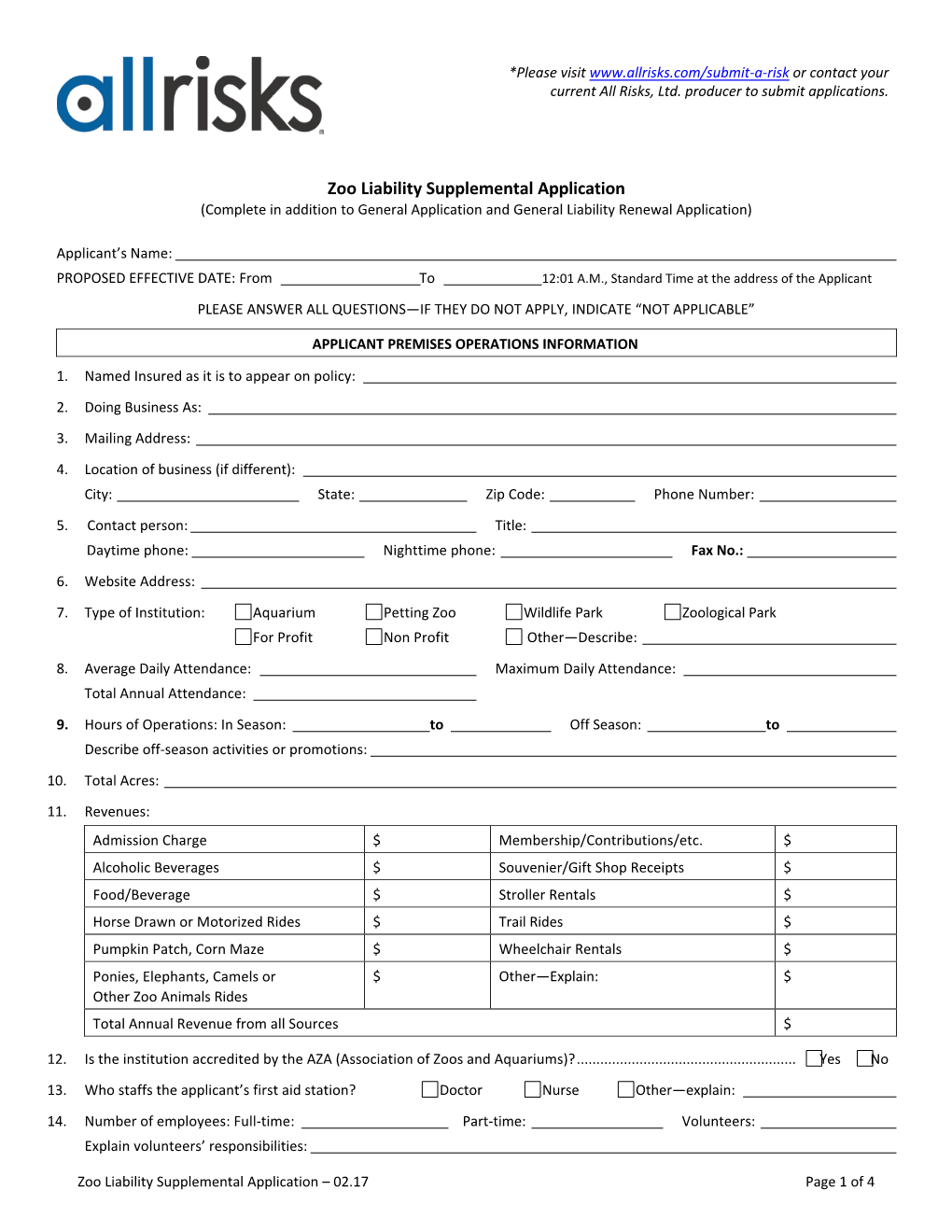 Zoo Liability Supplemental Application (Complete in Addition to General Application and General Liability Renewal Application)