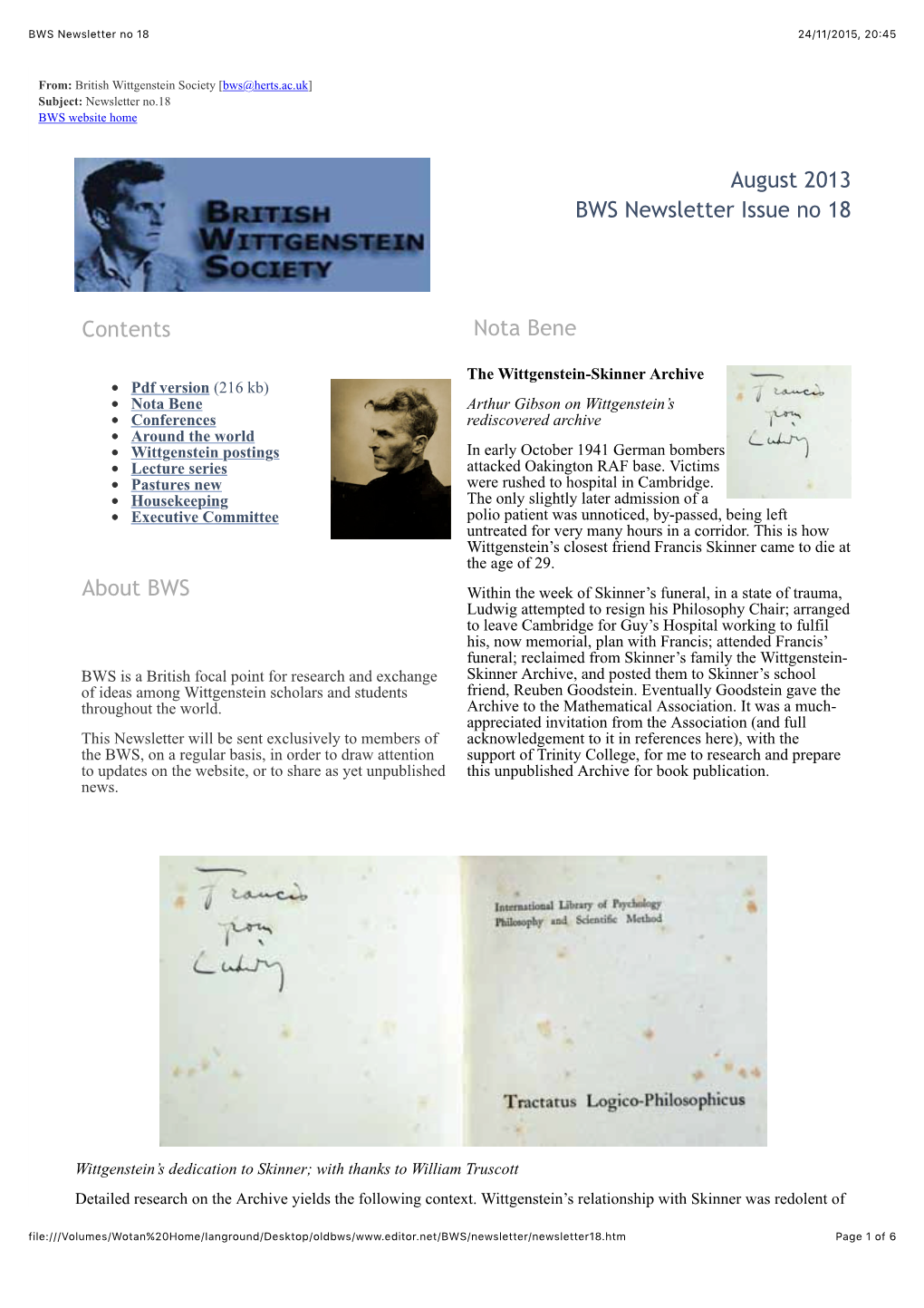 BWS Newsletter No 18 24/11/2015, 20:45