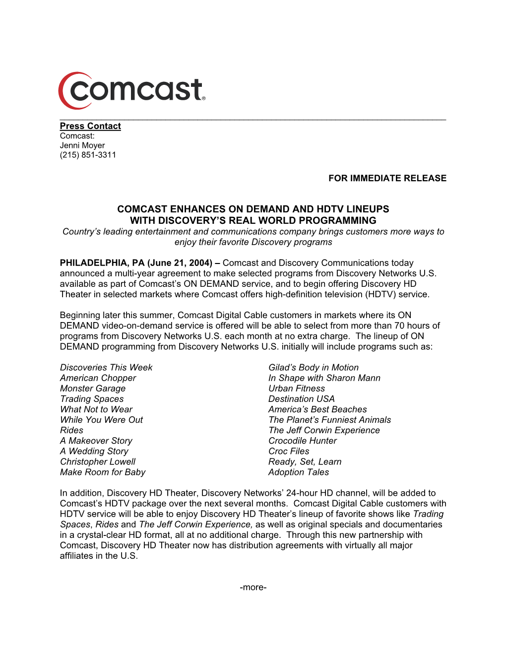 Comcast Enhances on Demand and Hdtv Lineups With