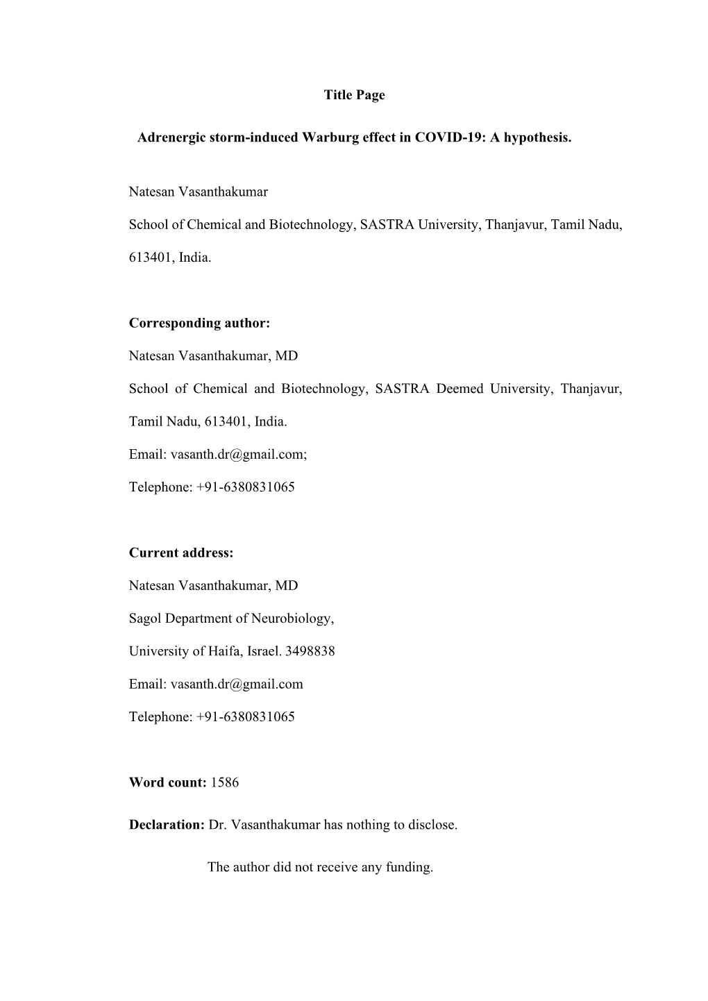 Title Page Adrenergic Storm-Induced Warburg Effect in COVID-19