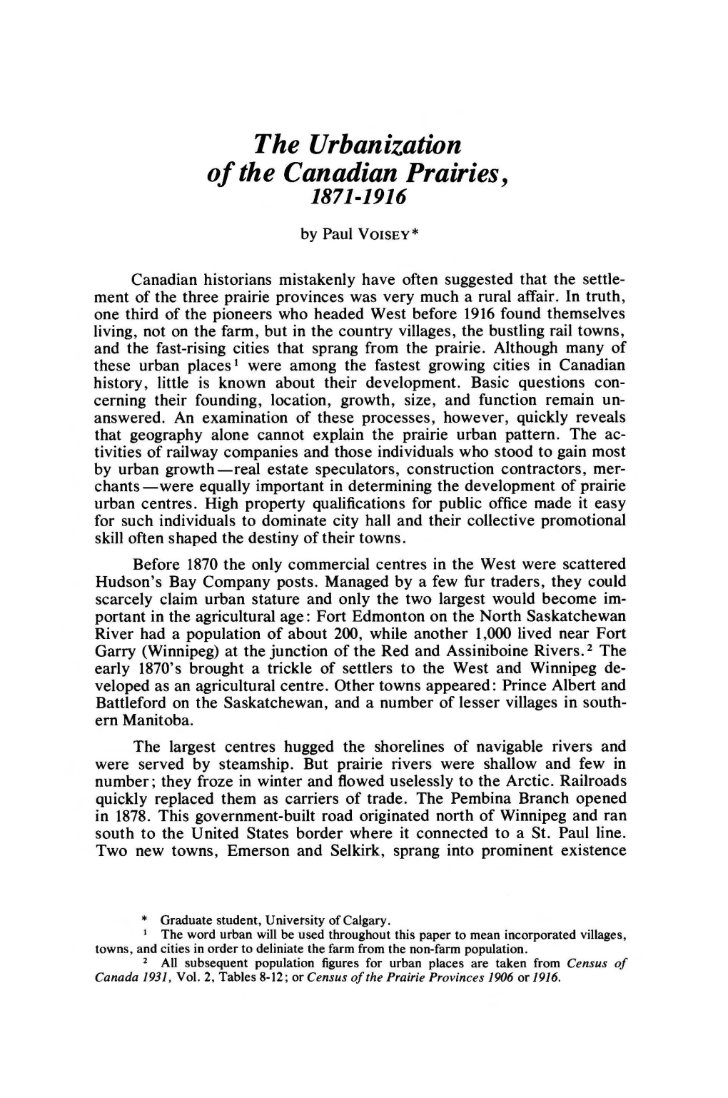 The Urbanization of the Canadian Prairies, 1871-1916