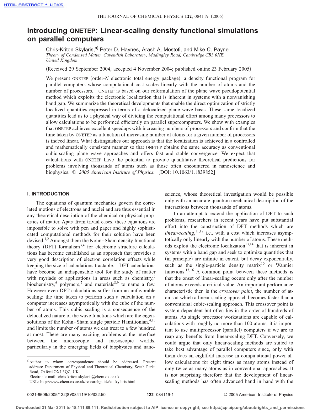 Introducing ONETEP: Linear-Scaling Density Functional Simulations on Parallel Computers Chris-Kriton Skylaris,A) Peter D