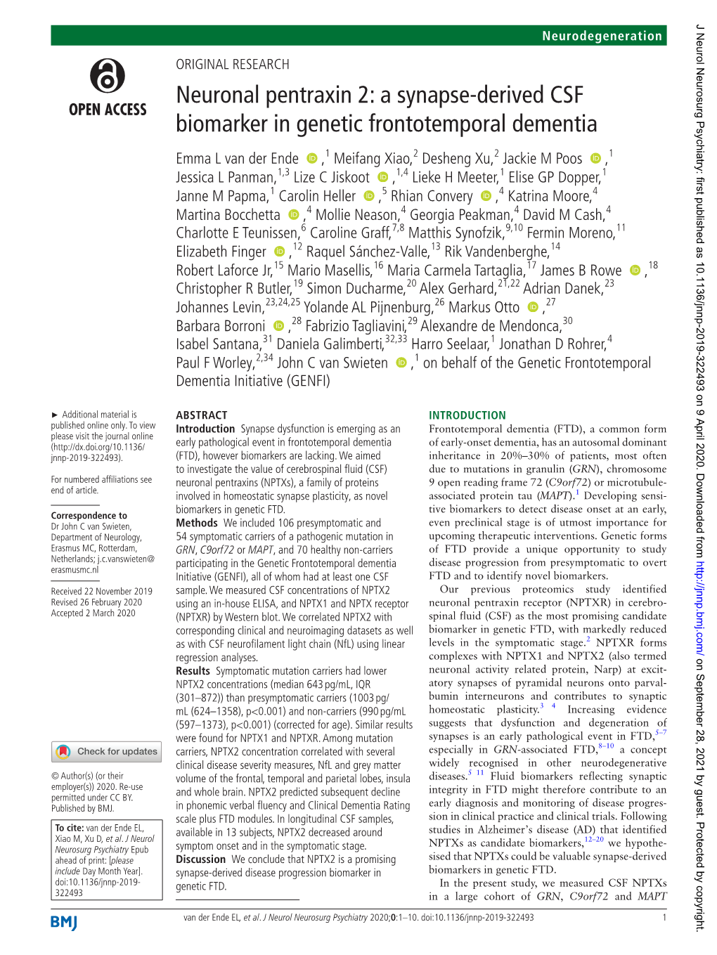 Neuronal Pentraxin 2: a Synapse-Derived CSF Biomarker in Genetic Frontotemporal Dementia