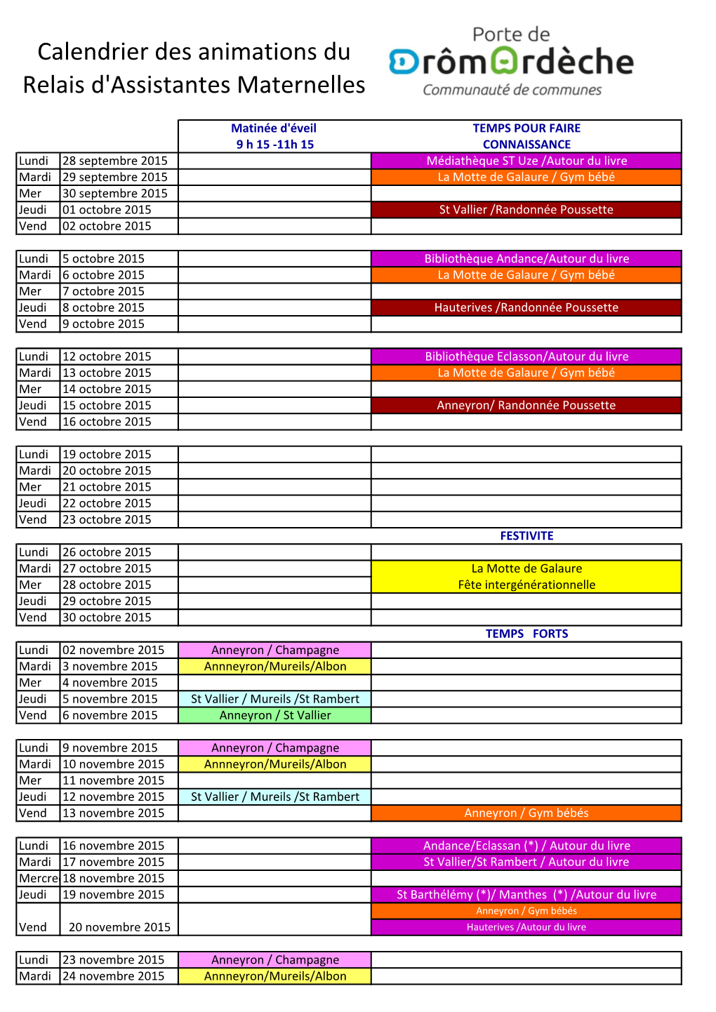 Calendrier Des Animations Du Relais D'assistantes Maternelles