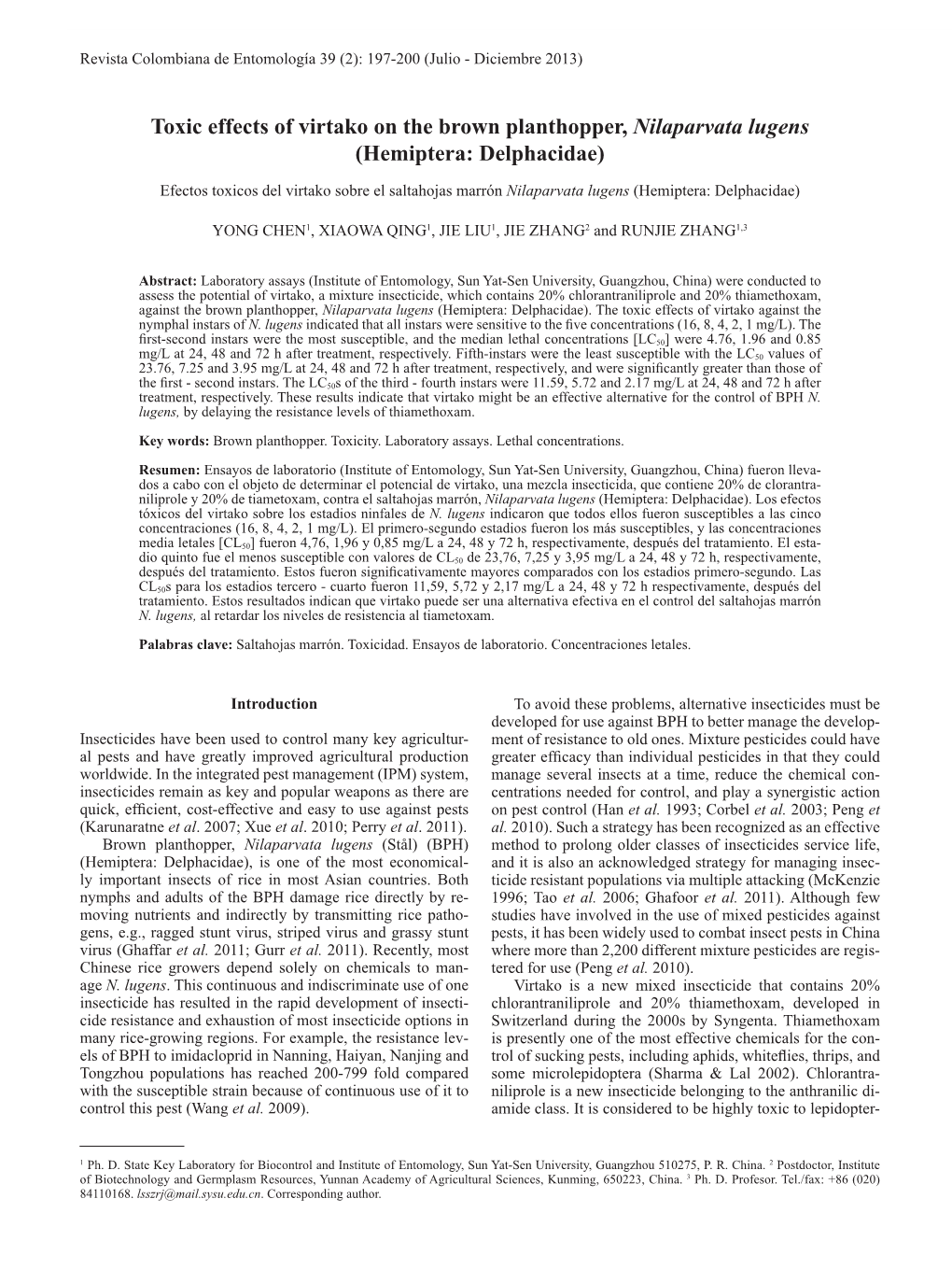 Toxic Effects of Virtako on the Brown Planthopper, Nilaparvata Lugens (Hemiptera: Delphacidae)