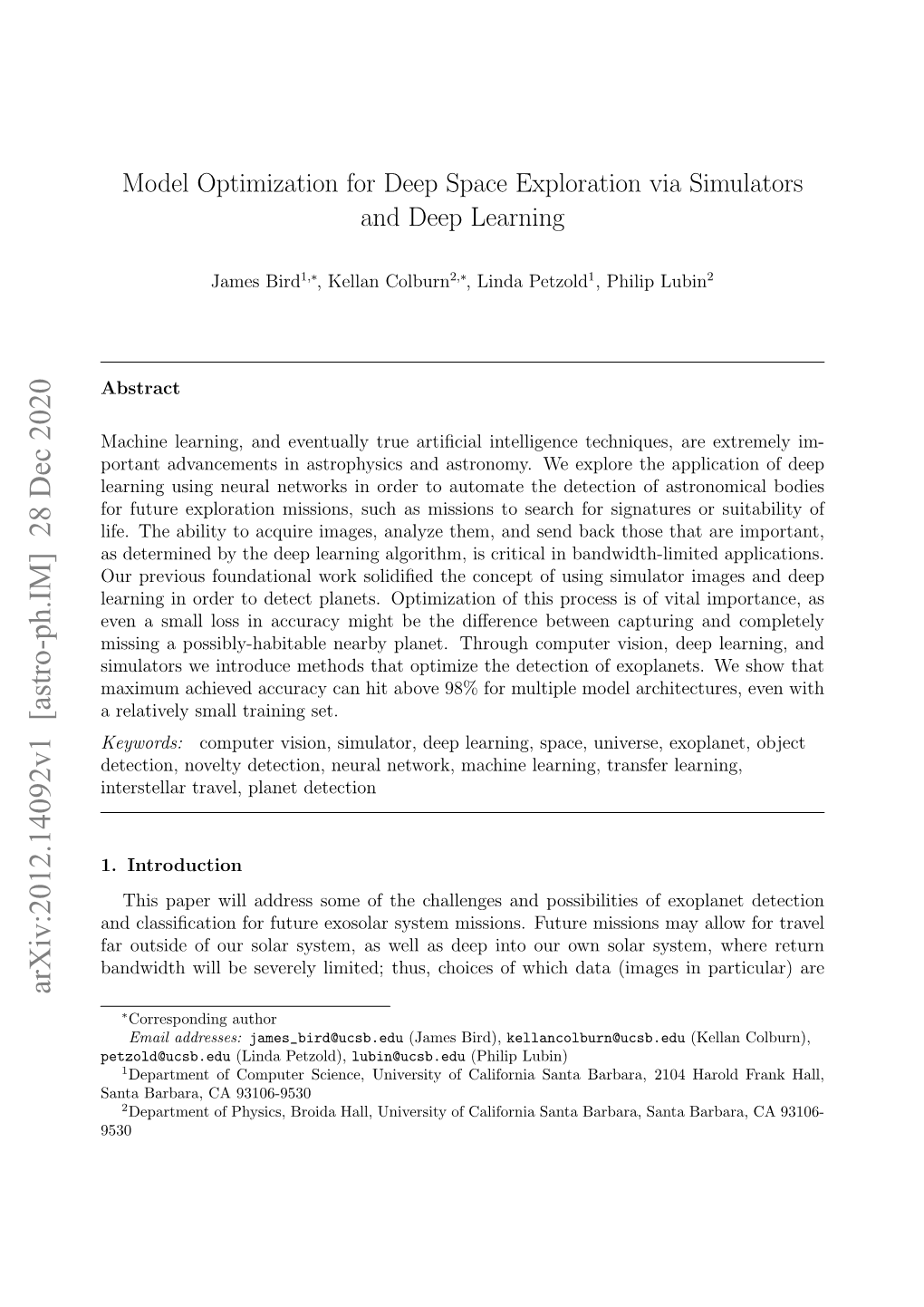 Model Optimization for Deep Space Exploration Via Simulators and Deep Learning